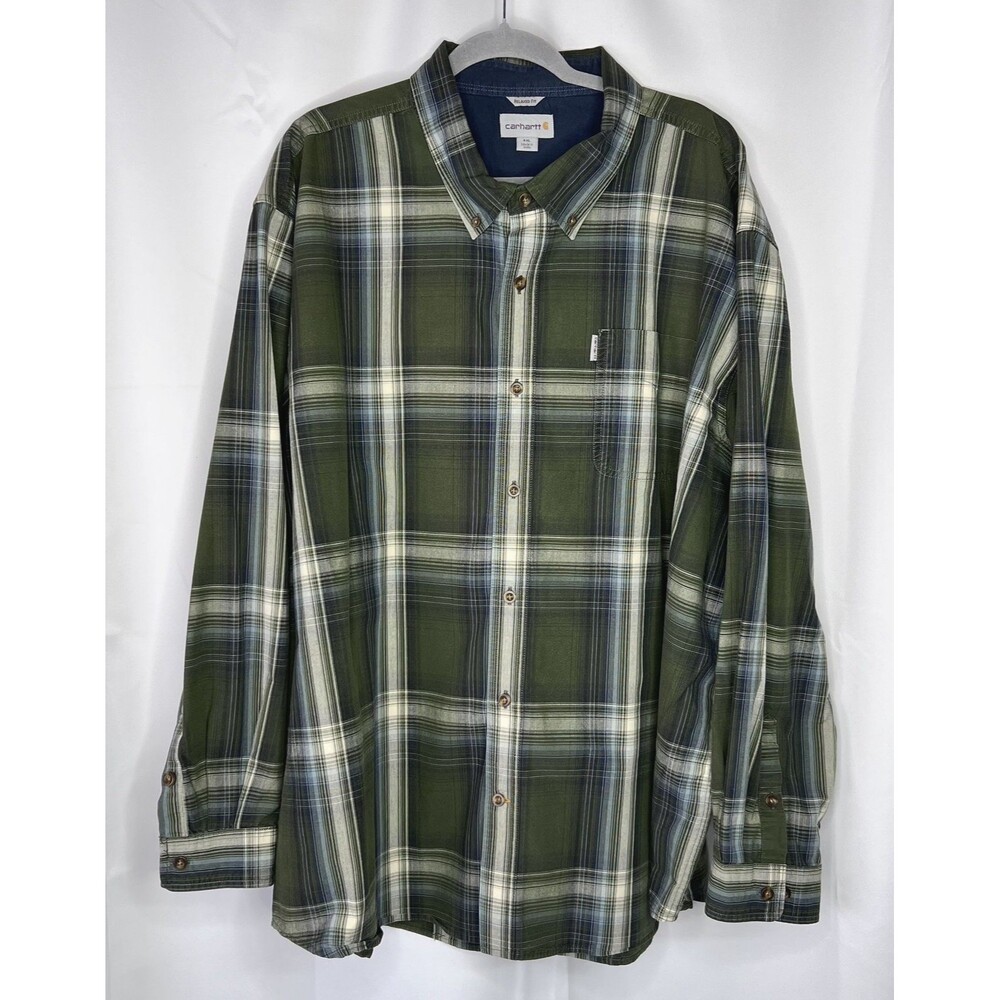 Carhartt Men's Relaxed Fit Cotton Plaid Button Up Shirt 4XL Regular Olive Green